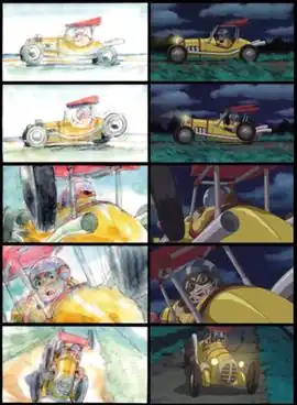 A comparison of the drawn storyboard and final animated version of a sequence in the game. The player character is driving a vehicle, and one of the wheels falls off, causing him to swerve.