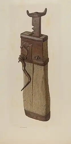 painting of upright wood and metal tool