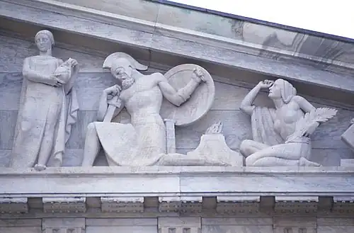and right sections of the pediment of the Buffalo and Erie County Historical Society Building in Buffalo, New York