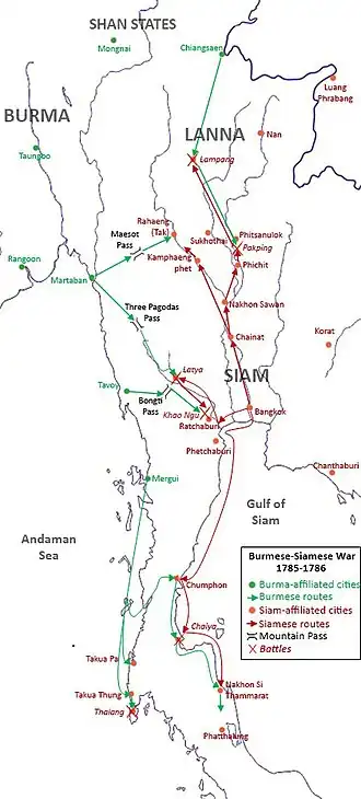 Green represents Burmese routes. Red represents Siamese routes.