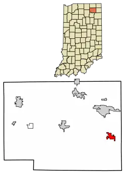 Location of Avilla in Noble County, Indiana.