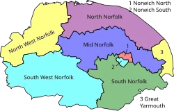 Map of parliamentary constituencies in Norfolk 1983–1997