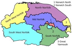 Map of parliamentary constituencies in Norfolk 1997–2010
