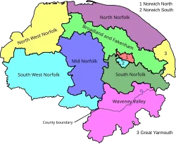 Map of UK parliamentary constituencies in Norfolk from 2024