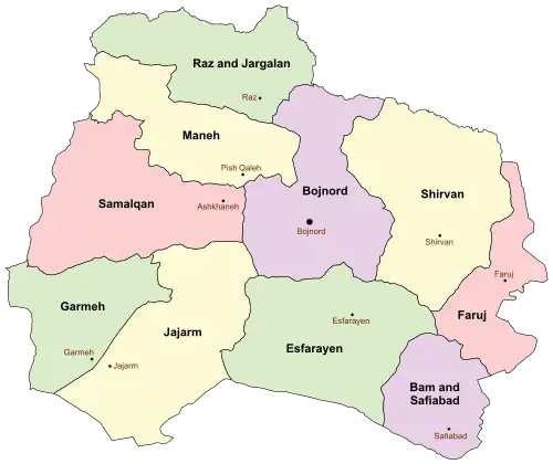 Location of Raz and Jargalan County in North Khorasan province (top, green)