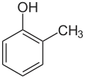 Kekulé, skeletal formula of o-cresol with some implicit hydrogens shown