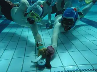 Underwater hockey players wearing water polo caps