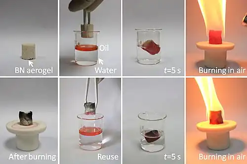 Oil absorption by an aerogel.[116] (Scientific Reports)