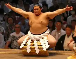 Full body shot of a sumo wrestler wearing a black yukata with a ship anchor pattern and sandals.
