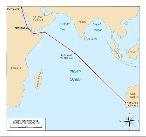 Map of the Indian Ocean region marked with the route taken by the ships involved in Operation Pamphlet as described in the article
