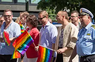 Solveig Horne and Bent Høie leading the Oslo Pride 2015 parade.