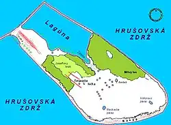 Map of Vtáčí ostrov ("Bird Island") on the Hrušovská zdrž
