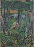Forest with flowers and pond, c. 1925, distemper on jute, 106.5 x 77 cm