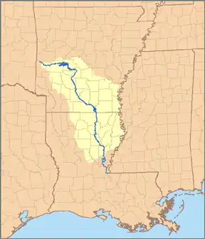 Map of the Ouachita River watershed. The Ouachita joins the Tensas River near Jonesville, Louisiana to form the Black River (Louisiana).