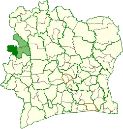 Location in Ivory Coast. Ouaninou Department in dark green, Bafing region in light green.