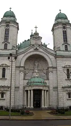 A front view of the basilica's twin towers.