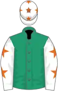 Emerald green, white sleeves, orange stars, white cap, orange stars