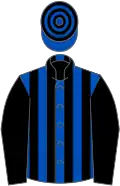Royal blue and black stripes, black sleeves, hooped cap
