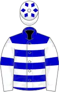 Blue and white hoops, white sleeves, blue armlets, white cap, blue diamonds