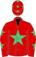 Red, emerald green star and stars on sleeves, red cap, emerald green stars