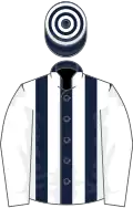 Dark blue and white stripes, white sleeves, hooped cap