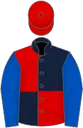 Dark blue and red (quartered), royal blue sleeves, red cap