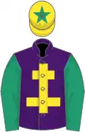 Purple, yellow cross of lorraine, emerald green sleeves, yellow cap, emerald green star