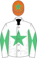 White, emerald green star, diabolo on sleeves, orange cap, green star