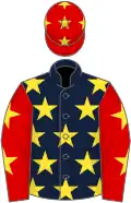 Dark blue, yellow stars, red sleeves, yellow stars, red cap, yellow stars