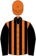 Orange and black stripes, black sleeves, orange cap