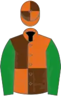 Orange and brown (quartered), green sleeves, orange and brown quartered cap