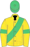 Yellow, emerald green sash, armlets and cap