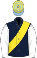 Dark Blue, Yellow sash, White sleeves, Light Blue and Yellow hooped cap