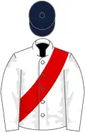 White, red sash, white sleeves, dark blue cap