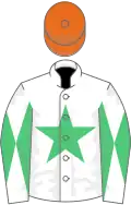 White, emerald green star, diabolo on sleeves, orange cap