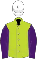 Lime green, purple sleeves, white cap