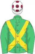 Emerald green, yellow cross-belts, white cap, maroon spots