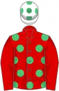 Red, emerald green spots, red sleeves, white cap, emerald green spots