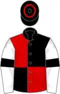 Black and red (quartered), white sleeves, black armlets, black cap, red hoop