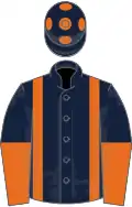 Dark blue, orange braces, halved sleeves, orange spots on cap