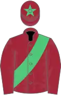 Maroon, emerald green sash and star on cap