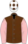 Brown, pink sleeves, white cap, brown spots