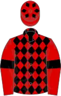 Red and black diamonds, red sleeves, black armlets and diamonds on cap