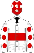 White, red hoop, red spots on sleeves, red cap, white spots