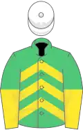 Emerald green and yellow chevrons, halved sleeves, white cap