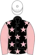 Black, pink stars, pink sleeves, white cap, black stars