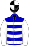 Blue and white hoops, white sleeves, black and white quartered cap