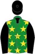 Green, yellow stars, black sleeves, black cap