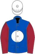 Royal blue, white disc and cap, maroon sleeves