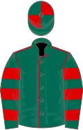 Dark green, red seams, hooped sleeves, quartered cap